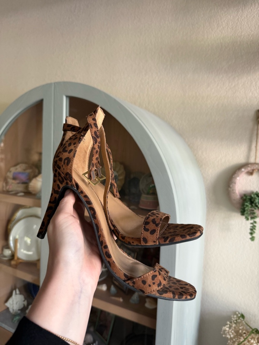 9 / Material Girl Leopard Print Ankle Strap Heels